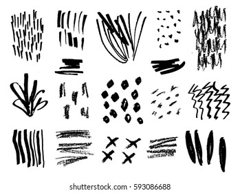 A set of hand drawn scribble textures in black isolated on white background.