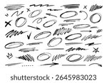 A set of hand drawn scribble vector elements including circular strokes underlines crosses hatching arrows and symbols like star crown check and hash Perfect for brutalism punk and maximalist designs.