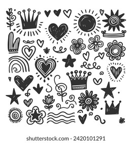 Set hand drawn scribbles star, heart, crown, flower, sun