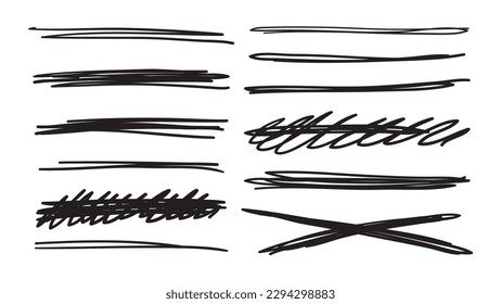 Conjunto de guijarros dibujados a mano, tachaduras, subrayado con marcador, pluma, lápiz. Líneas abstractas para el diseño de texto manuscrito. Ilustración vectorial aislada en fondo blanco.