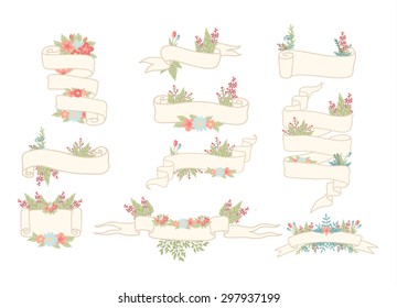 Set of hand drawn scrolls decorated with leaves and flowers. Vector eps10.