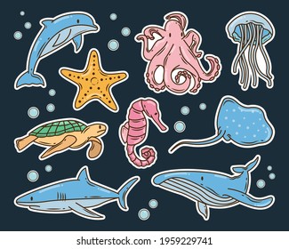 Set of hand drawn sea animal cartoon doodle bundle sticker