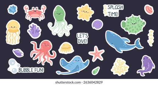Set of hand drawn sea animal stickers with whale, squid, octopus, stingray, jellyfish, crab, fish, starfish, urchin fish, shells and seaweed. Cute underwater creatures in flat cartoon style isolated. 