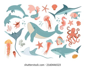 Set with hand drawn sea animals and elements. Dolphins, fish, shark, jellyfish, octopus, whale, shells, seaweed and corals isolated on white background.  Beautiful underwater world in flat style. 