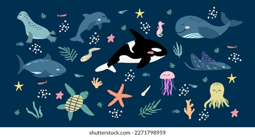 Set of hand drawn sea animals for children. Clipart of cute dolphin, orca, whale, octopus and other ocean creatures in childish style.