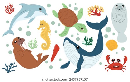 Conjunto con animales marinos dibujados a mano. Tortuga, ballena, delfín, morsa, manatí, caballo de mar, coral, mariscos. Caricatura del mundo submarino.