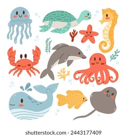 Set with hand drawn sea animals. Inhabitants of the sea world, cute, funny underwater creatures dolphin, ocean crabs, sea turtle. Flat cartoon illustration