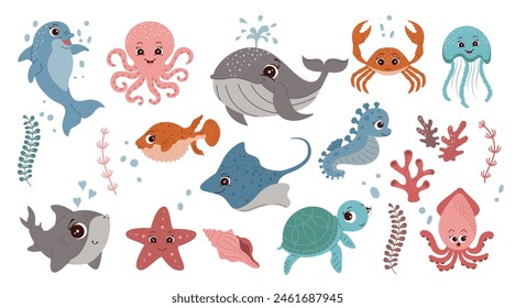 Set with hand drawn sea animals Exotic cartoon underwater cute creatures for your design Sea life Isolated backgrounds