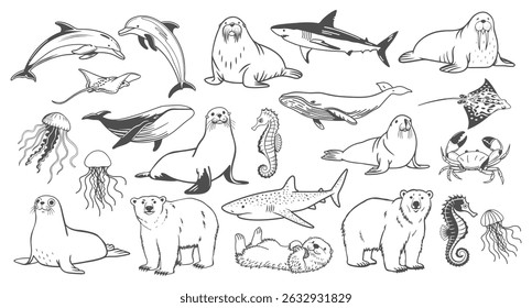 Conjunto de animais marinhos puxados à mão. Ilustração do contorno preto do esboço.