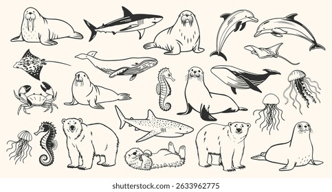 Set of hand drawn sea animals. Sketch outline illustration.	
