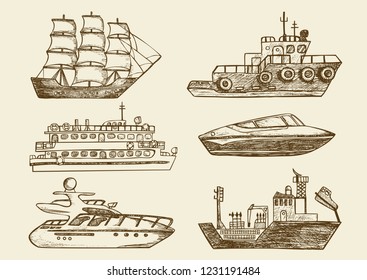 Set of hand drawn sea boats, passenger ships and yachts. Vintage vector illustration of nautical vessels