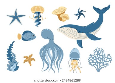 Conjunto con criaturas marinas dibujadas a mano. Habitantes del mar. Vector de dibujos animados garabatos de criaturas marinas para su diseño.