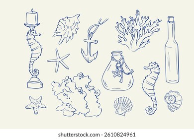 set of hand drawn sea doodles blue