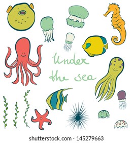 Set of hand drawn sea dwellers. Funny cartoon fish, octopus, jelly fish, star fish, sea weeds, sea horse, sea hedgehog isolated on white background.