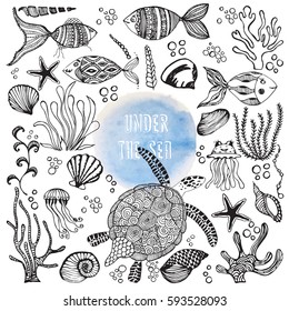 Set of hand drawn sea dwellers. Funny cartoon fish, jellyfish, starfish, seaweeds, seashells and turtle. Vector illustration.