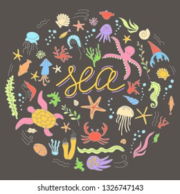 Set with hand drawn sea inhabitants elements. Vector doodle cartoon set of marine life objects for your design.