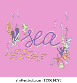 Set with hand drawn sea inhabitants elements. Vector doodle cartoon set of marine life objects for your design.