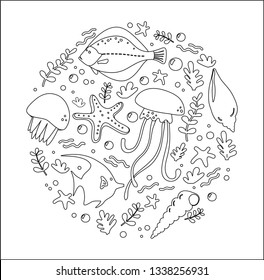 Set with hand drawn sea inhabitants elements. Starfish, fish, seashell, jellyfish, plants. Set of sealife. Vector doodle cartoon set of marine life objects for your design.