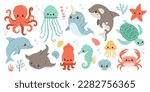 Set with hand drawn sea life elements. Sea animals. Vector doodle cartoon set of marine life objects for your design. 
