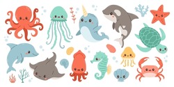 Set With Hand Drawn Sea Life Elements. Sea Animals. Vector Doodle Cartoon Set Of Marine Life Objects For Your Design. 