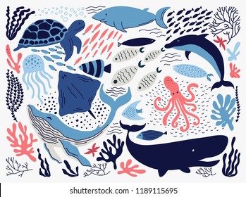 Set and hand drawn sea life elements    Vector doodle cartoon set marine life objects for your design  