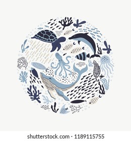 Set with hand drawn sea life elements.   Vector doodle cartoon set of marine life objects for your design. 