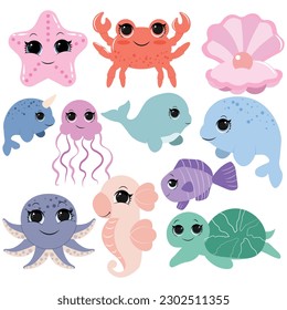 Set with hand drawn sea life elements. Vector doodle cartoon set of marine life objects for your design.