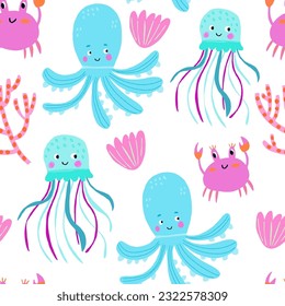 Set with hand drawn sea life elements. Vector doodle cartoon set of marine life objects for your design.