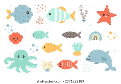 Está decorado con elementos de vida marina dibujados a mano. Animales marinos de fondo blanco. Las vibraciones oceánicas. Viñeta de dibujos animados de objetos de la vida marina. Ilustración del vector