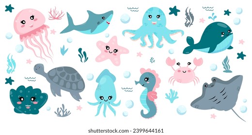 Set with hand drawn sea life elements. Sea animals. Vector doodle cartoon set of marine life objects for your design.