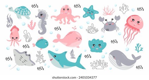 Está decorado con elementos de vida marina dibujados a mano. Animales marinos. Conjunto de dibujos animados vectoriales de objetos de vida marina para tu diseño.