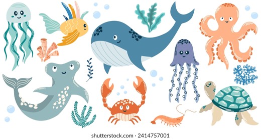 Está decorado con elementos de vida marina dibujados a mano. Animales marinos. Ballena, cangrejo, tortuga, pescado, medusa, pulpo, pez estrella. Conjunto de dibujos animados vectoriales de objetos de vida marina para tu diseño.