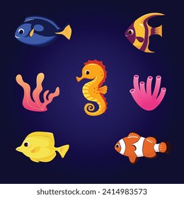 Set with hand drawn sea life elements in cartoon style. Vector doodle cartoon set of sea life objects for your design. Sea life. Cute fish, seahorse, blue fish, yellow fish, clown fish, blue tang