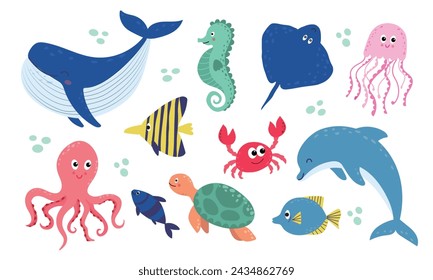 Conjunto con animales marinos dibujados a mano. Conjunto de vectores de objetos de vida marina para su diseño.