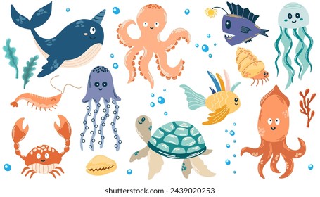 Set with hand drawn sea life elements. Various fish and marine animals. Vector hand draw doodle illustration set of marine life objects for your design.