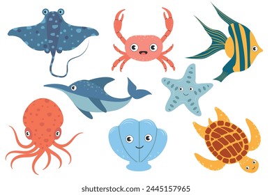 Set with hand drawn sea life elements. Cartoon collection of sea and ocean inhabitants, crab, stingray, octopus, turtle, fish and other vector doodle sea life objects for your design.