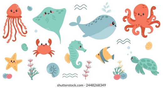 Set with hand drawn sea life elements. Sea animals. Vector doodle cartoon set of marine life objects for your design. Hand drawn.