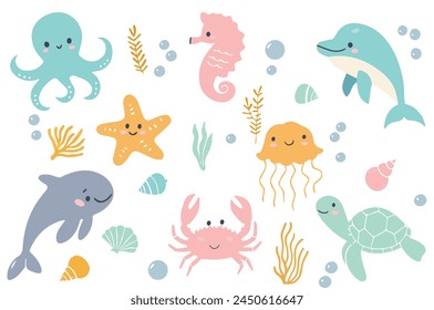 Set with hand drawn sea life elements. Sea animals. Vector doodle cartoon set of marine life objects for your design.