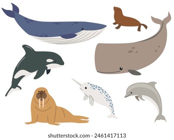 Set with hand drawn sea life mammals. Vector cartoon set of sea animals objects for your design. Cartoon hand drawn style.