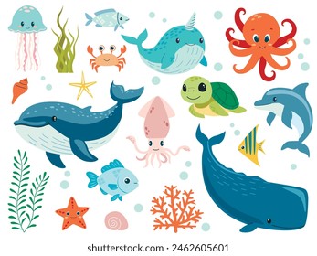 Set with hand drawn sea life elements. Vector cartoon set of sea animals objects for your design.  Cartoon hand drawn style.