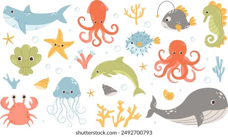 Conjunto con Elementos de vida marina dibujados a mano en estilo plano. Vector doodle conjunto de dibujos animados de objetos de vida marina para su diseño. Fauna marina submarina 