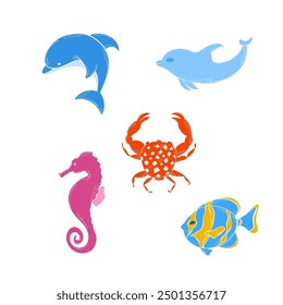 Set with hand drawn sea life elements. Sea animals. Vector doodle cartoon set of marine life objects for your design.