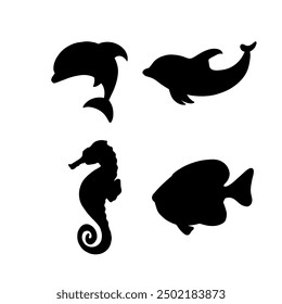 Set with hand drawn sea life elements. Black silhouette sea animals. Vector doodle set of marine life objects for your design.