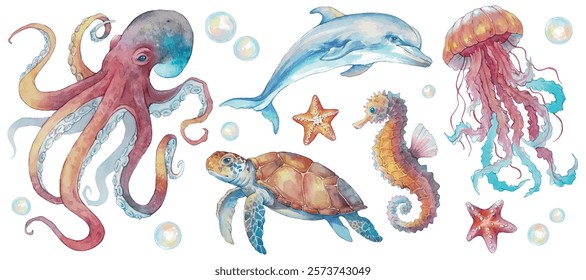 Conjunto com elementos de vida marinha desenhados à mão. Animais marinhos: polvo, golfinho, tartaruga, água-viva, cavalo marinho, estrela-do-mar e bolhas. Aquarela conjunto de objetos de vida marinha para o seu design.