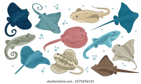 Set with hand drawn sea life elements. Rays, fish. Vector set of cartoon sea life objects for your design.