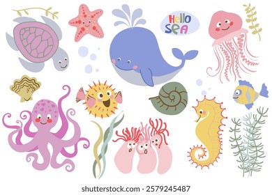 Set with hand drawn sea life elements. Sea animals. Set of cute sea life objects for your design. Vector