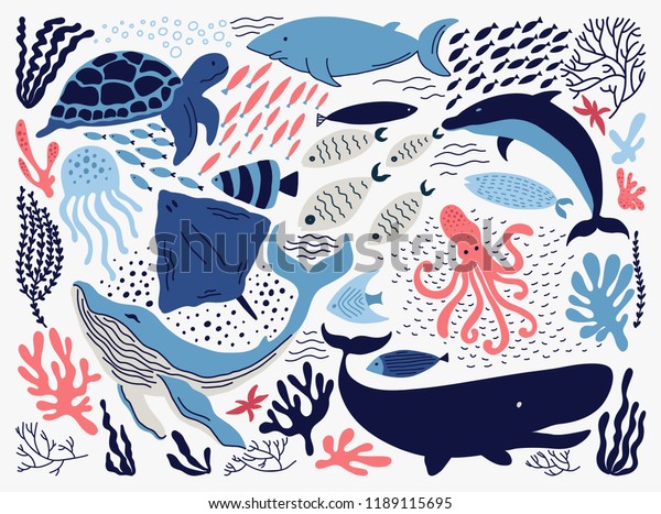 Set with hand drawn\
sea life elements.   Vector doodle cartoon set of marine life\
objects for your design. 