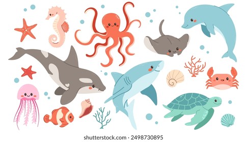 Set with hand drawn sea and ocean life elements. Vector doodle cartoon set of marine life objects for your design. Jellyfish, octopus, clown fish, crab, sea horse, turtle, shark. Vector illustration