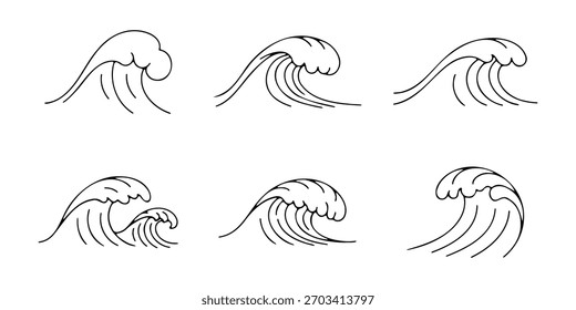 Set of Hand Drawn Sea Ocean Waves Outline Black and White