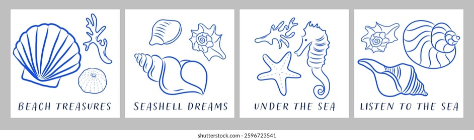 Set of hand drawn sea shells, sea animals, coral illustration, line drawing sea animal collection cards, 
doodle style. Cute underwater creatures, vector line, blue ultramarine color